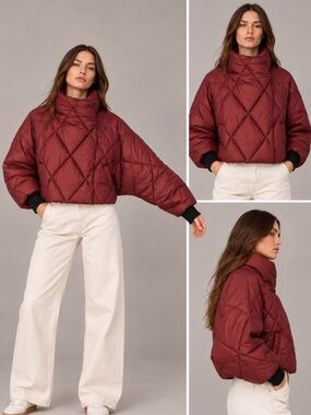 Calvin Klein Jeans Burgundy Quilted Cropped Batwing Puffer Jacket L NWT